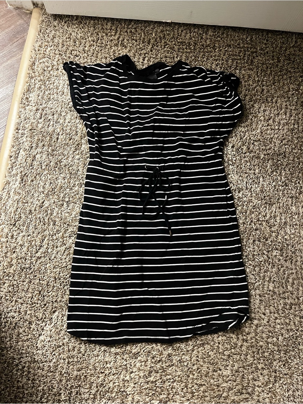 EBlack & White Striped Midi Dress with Drawstring Waist